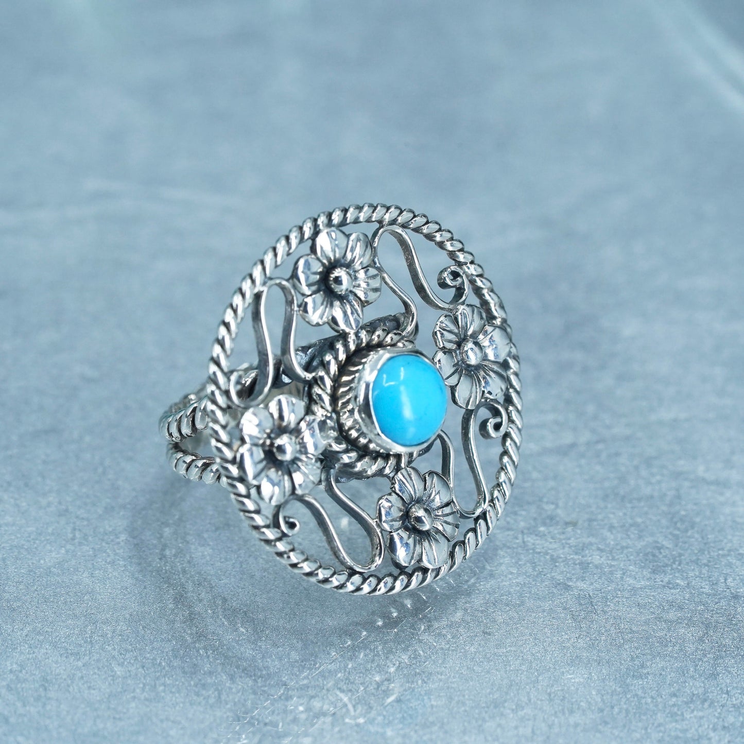 Size 6, Native American navajo Sterling 925 silver flower ring with turquoise