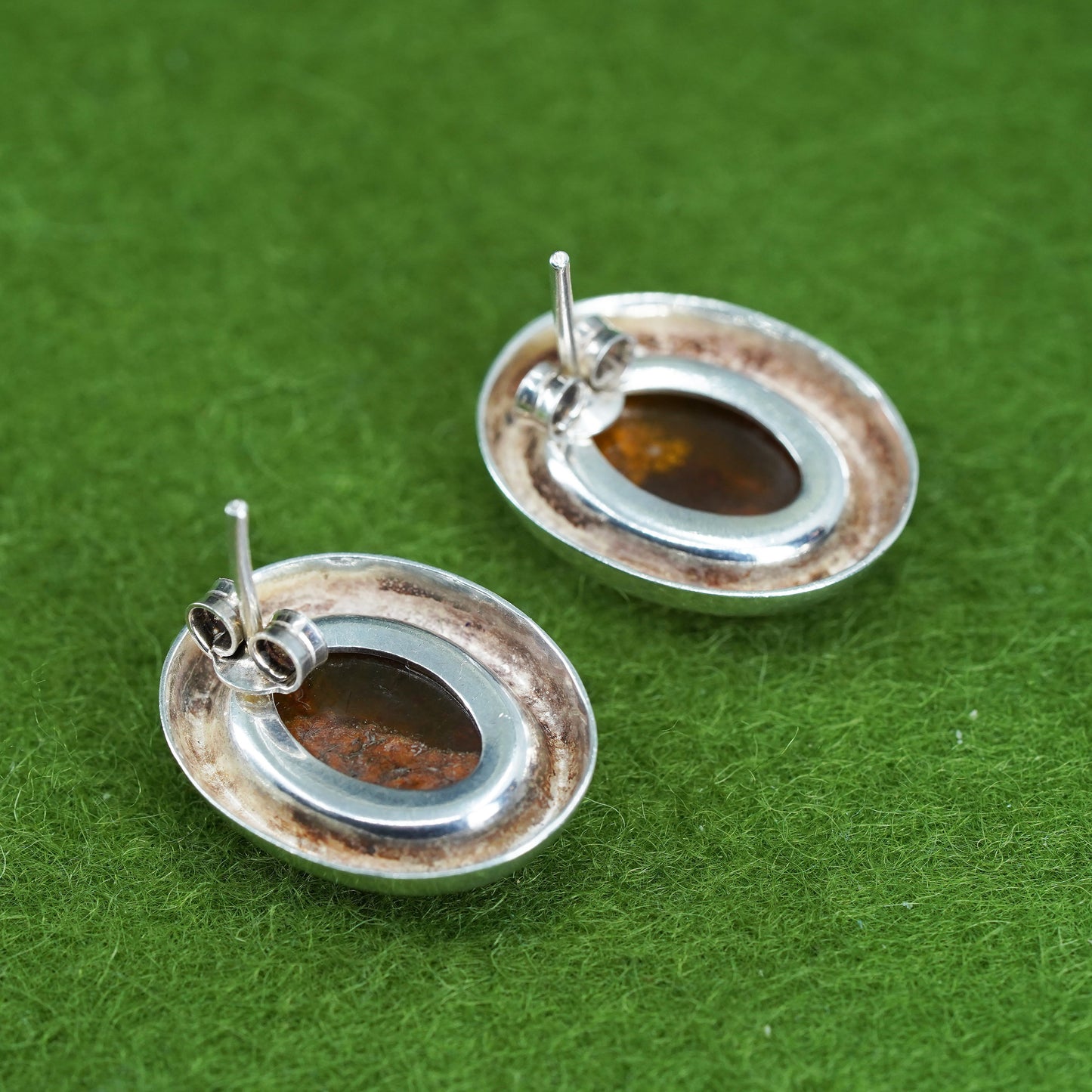 Vintage Sterling 925 silver handmade earrings with oval Amber studs