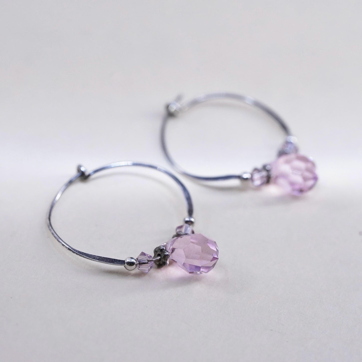 0.75", Vintage sterling 925 silver earrings, fashion hoops pink crystal beads