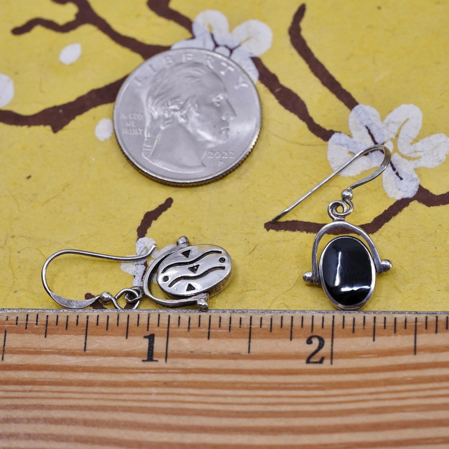 VTG Boma Sterling silver handmade earrings,double sided 925 oval dangles onyx