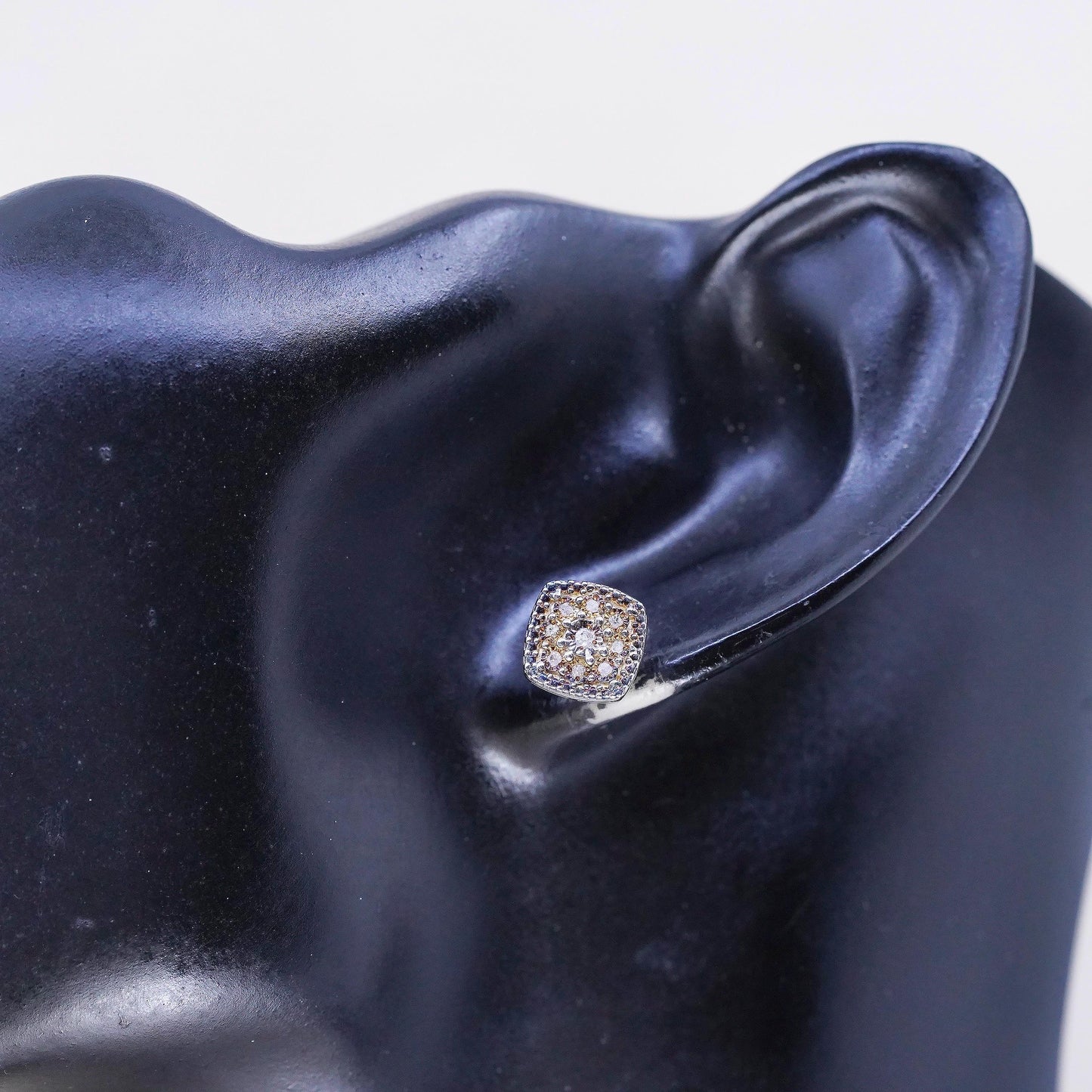 Vintage sterling silver handmade earrings, 925 square shaped studs with diamond