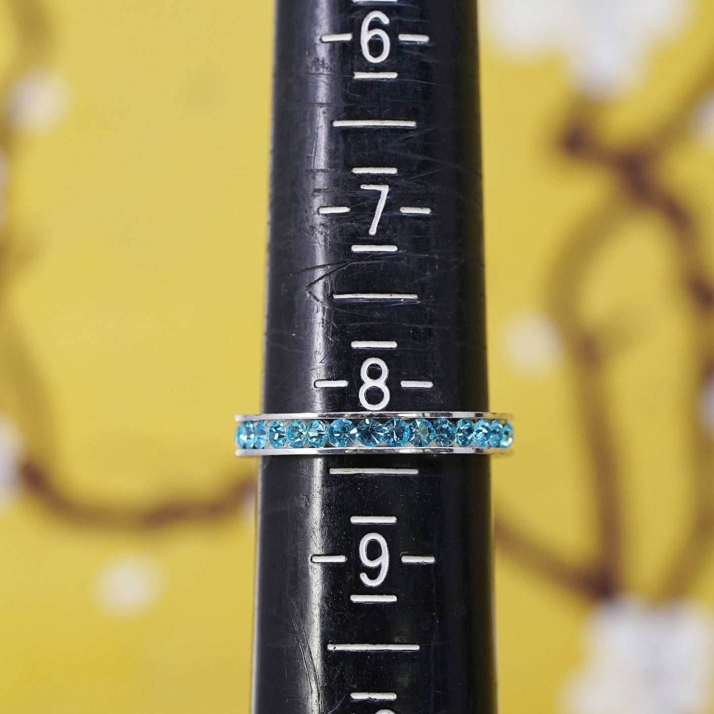 Size 8.25, vintage Sterling silver handmade ring, 925 stackable band blue cz
