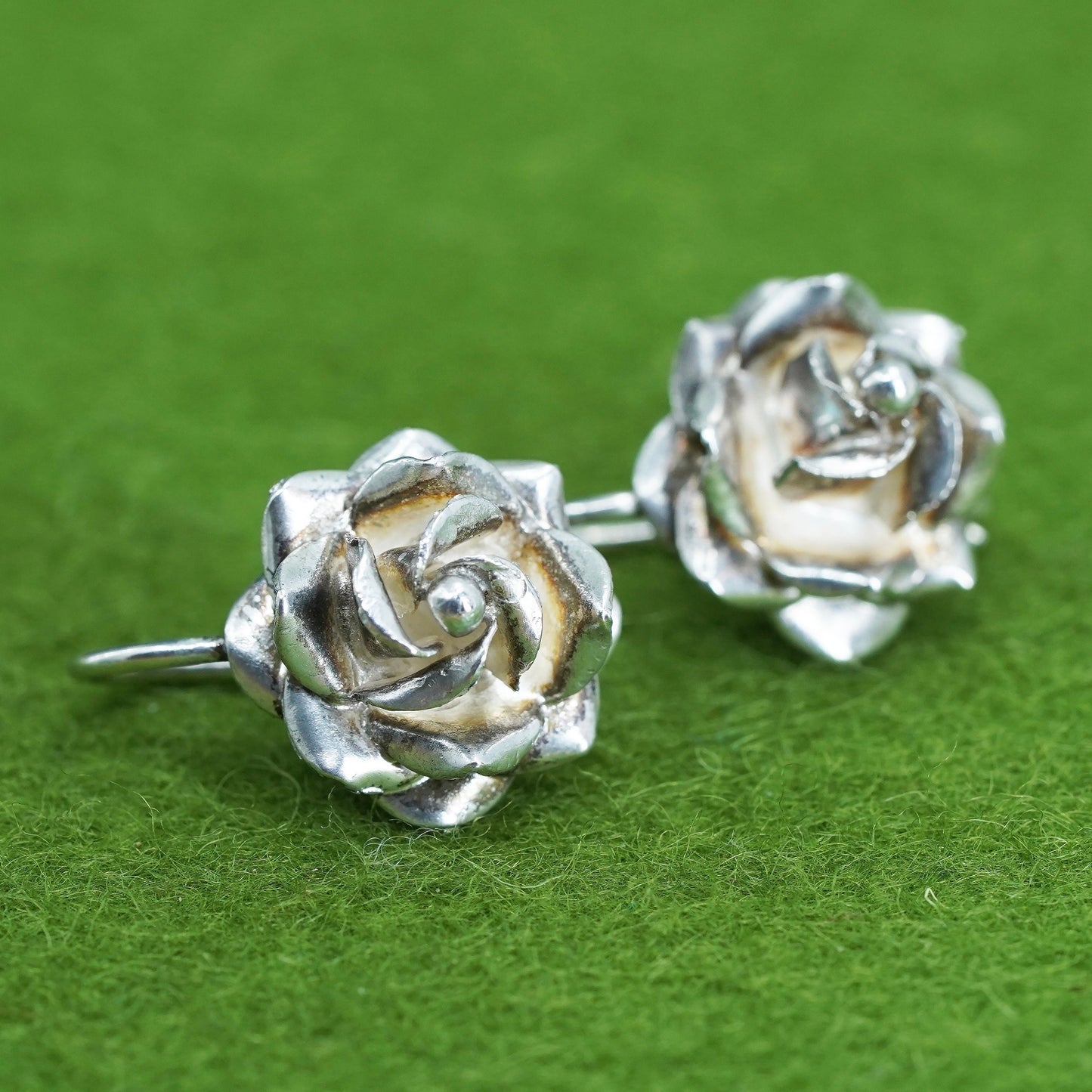 Vintage Mexican Sterling silver handmade earrings, rose flower dangles
