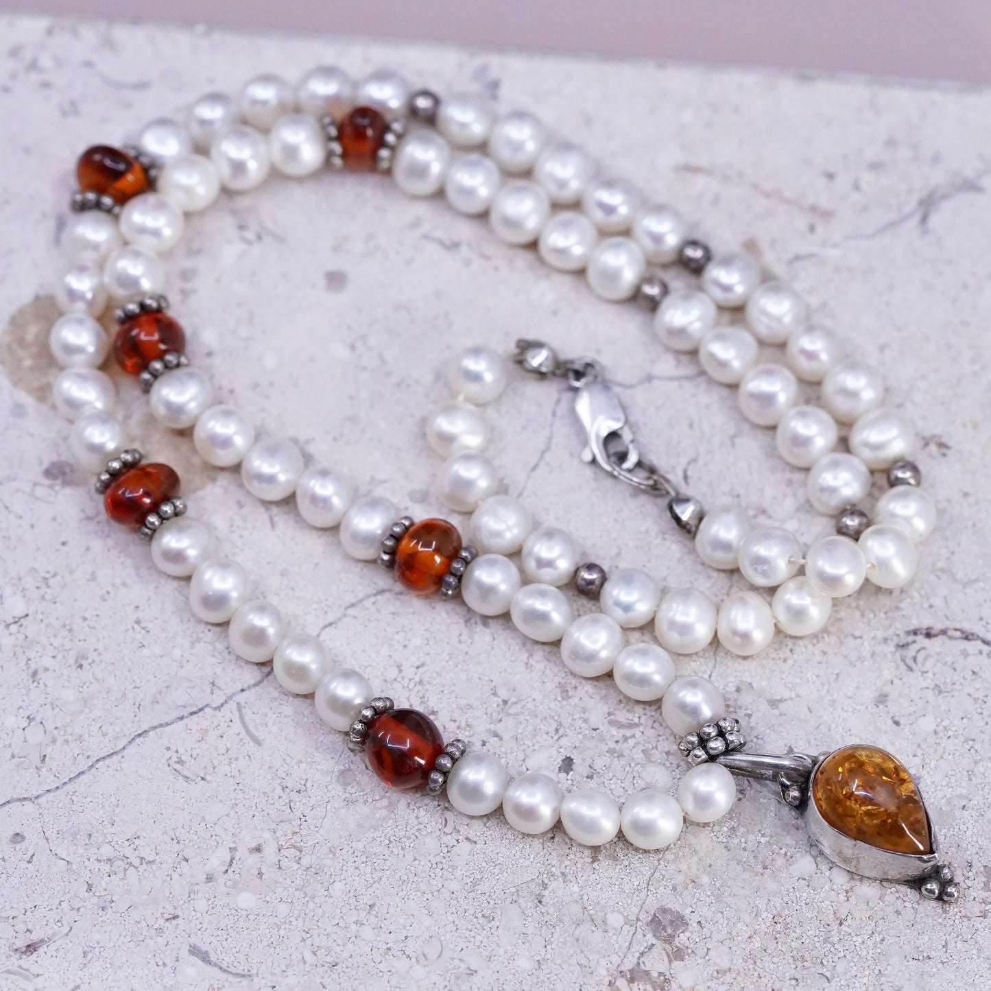 18", Sterling 925 silver necklace with freshwater pearl amber teardrop pendant
