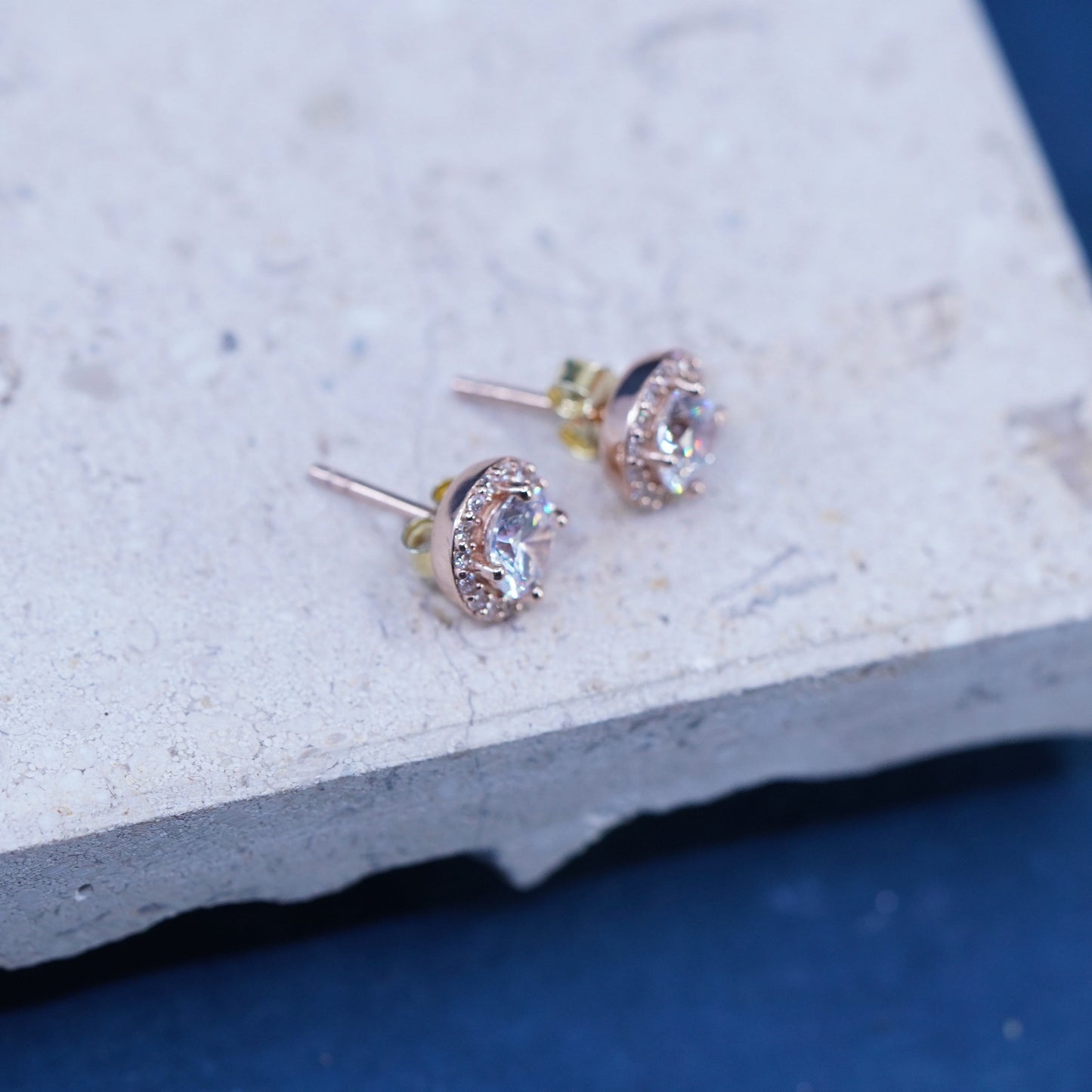 Vintage vermeil rose gold over sterling silver earrings, 925 studs with cz