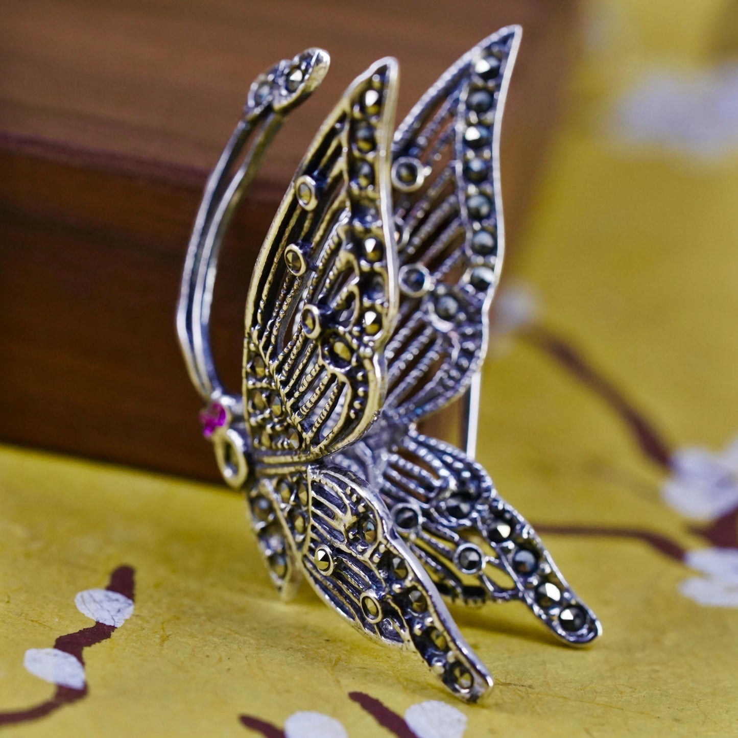 Art Deco southwestern sterling silver butterfly brooch movable wings marcasite