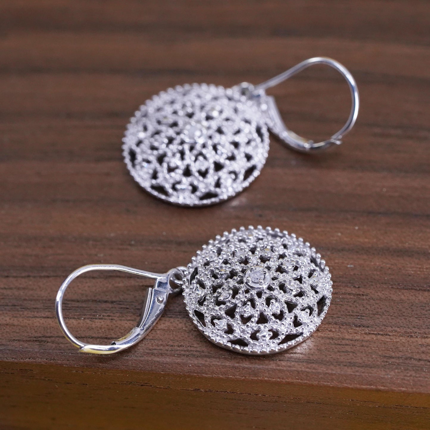 vintage Sterling silver handmade earrings, 925 flower rose with cluster diamond