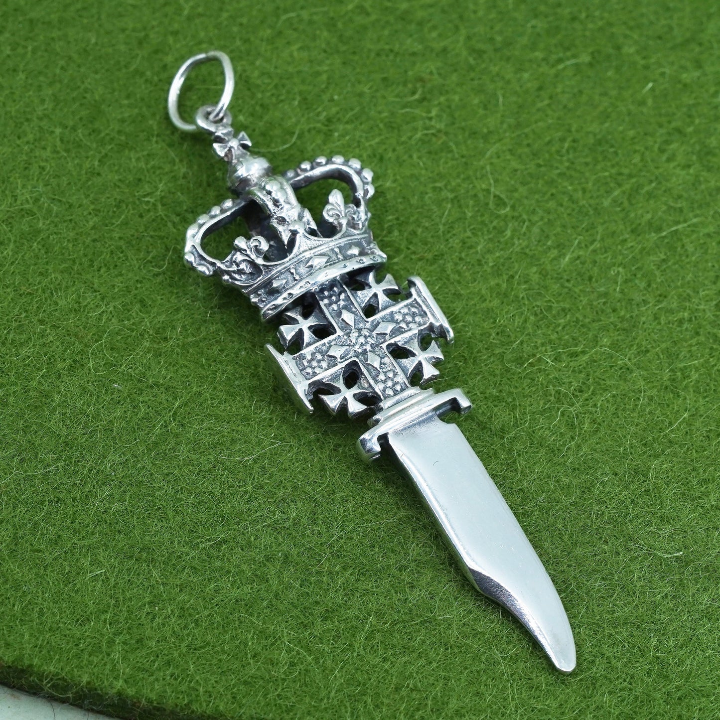 Vintage Sterling silver handmade pendant, 925 Christian crown dagger