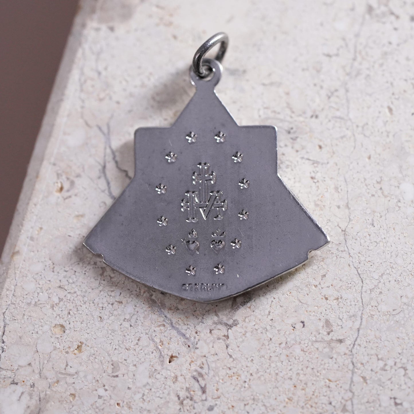 1950’s sterling 925 silver enamel miraculous Virgin Mary medal charm pendant