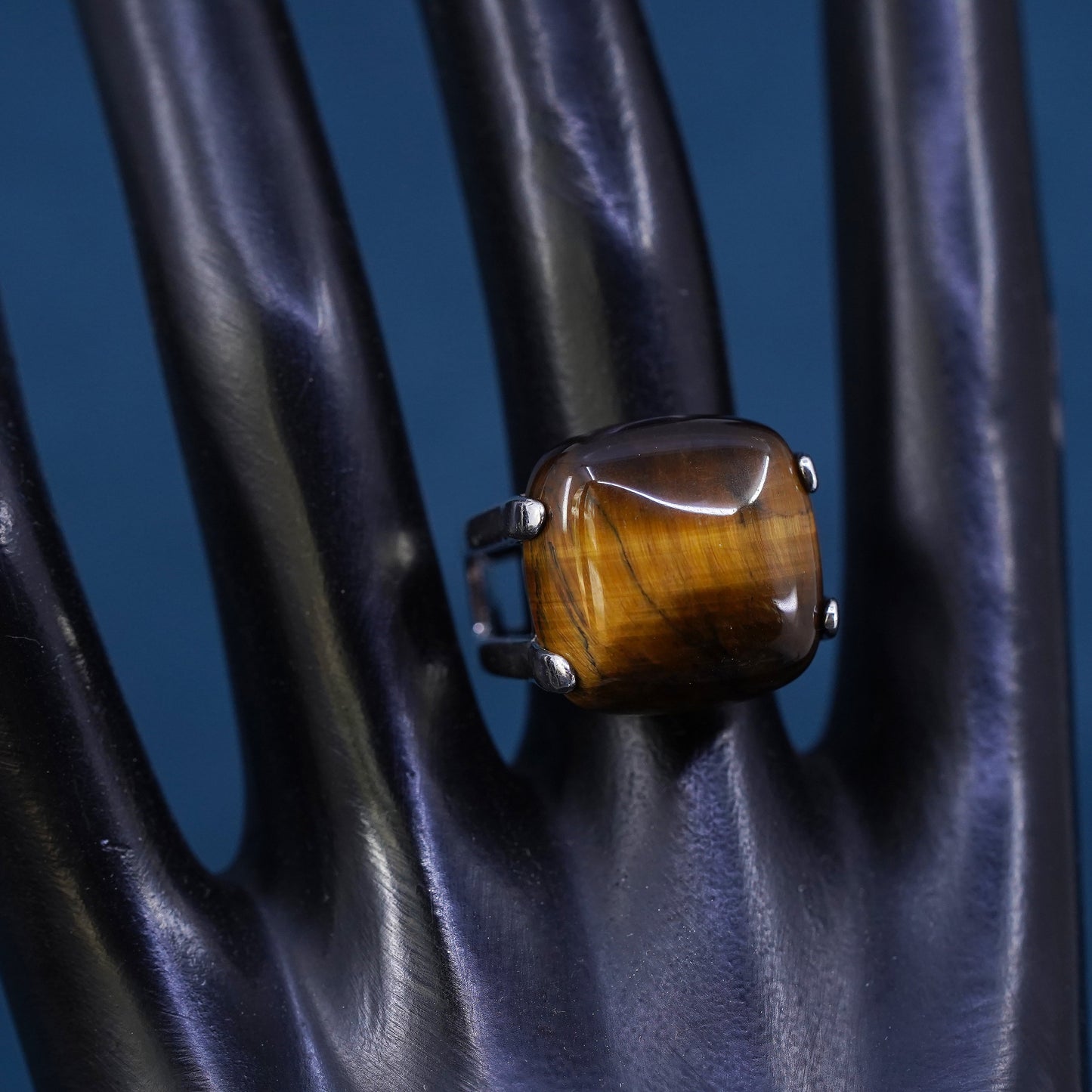 Size 7, vintage Sterling 925 silver handmade ring with square golden tiger eye