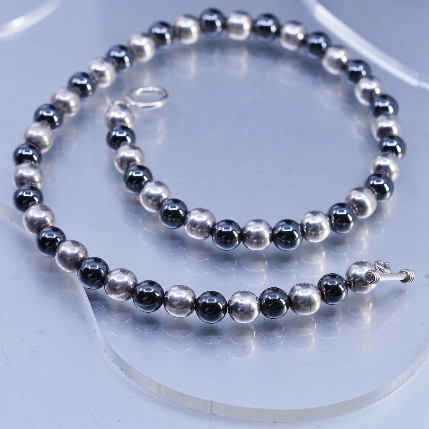 16" 8mm, Vintage Sterling 925 silver handmade necklace with hematite beads