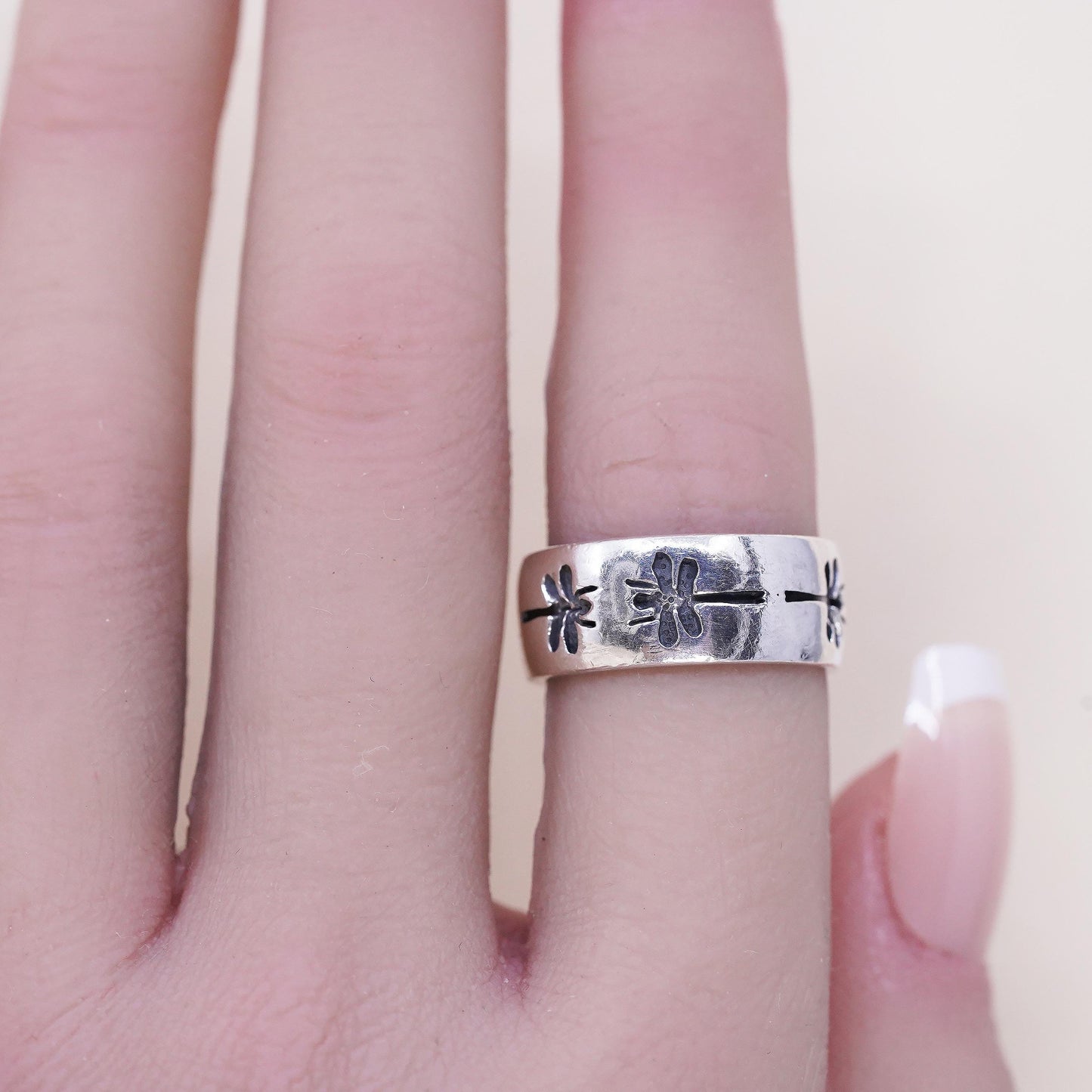 Size 6, vintage PSCL Sterling silver handmade ring, 925 dragonfly band