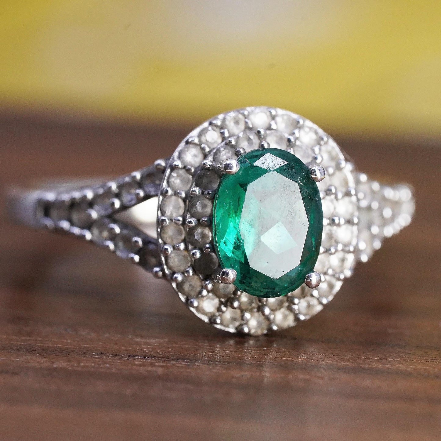 Size 9.25, Halo Green Emerald Sterling Silver 925 Split Shank Cocktail Ring