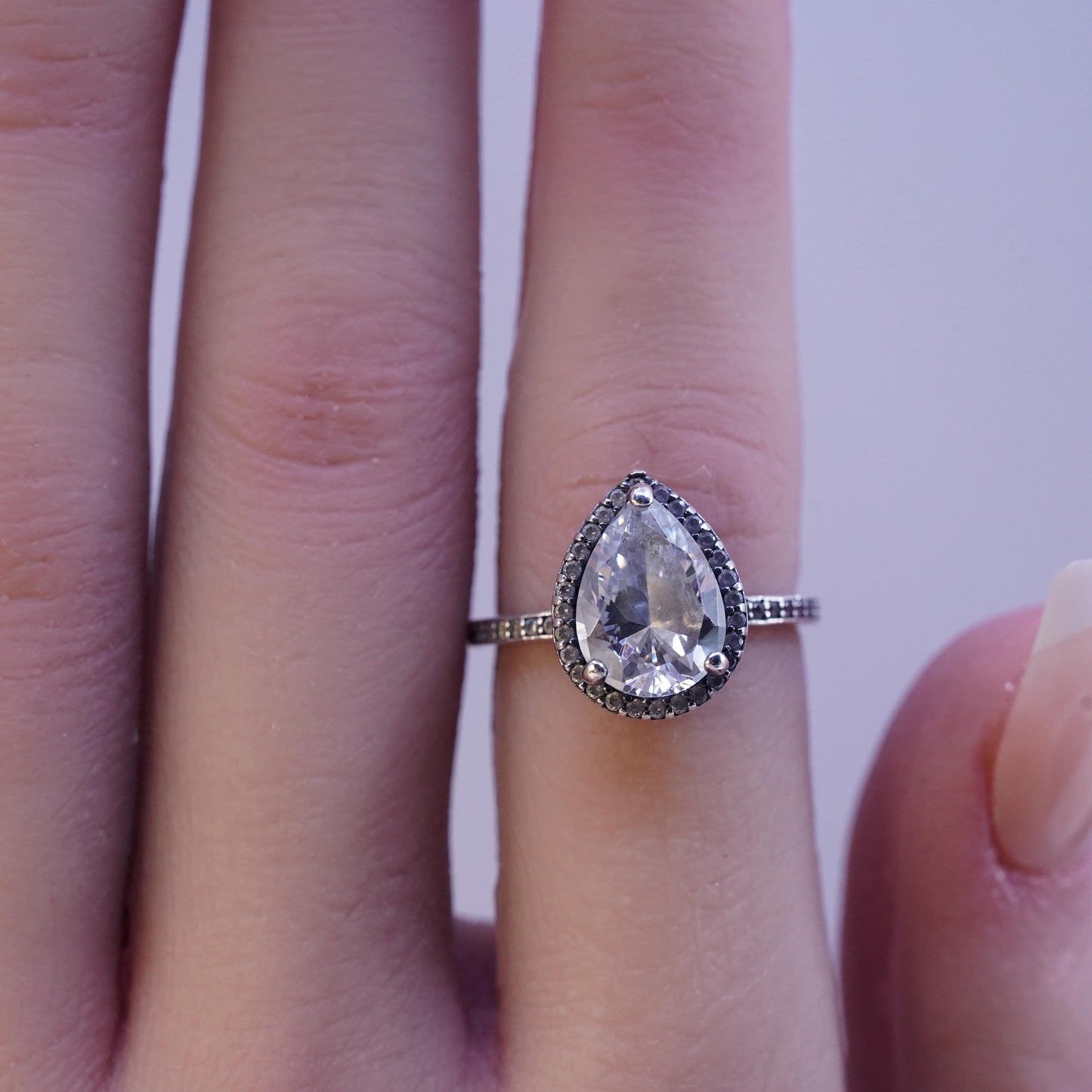 Size 5, vintage ALE sterling 925 silver engagement ring with teardrop cz