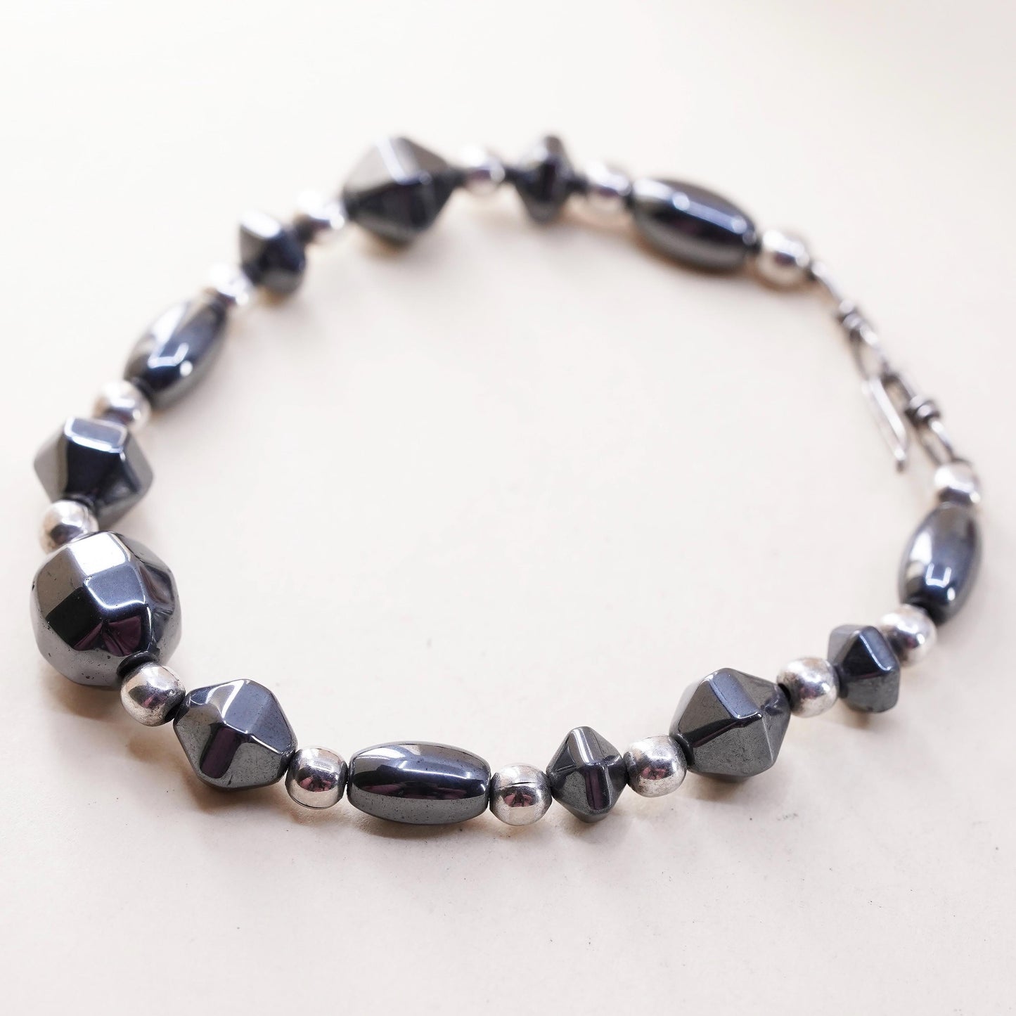 6.25”, Vintage handmade bracelet, hematite cubes with 925 silver beads chain
