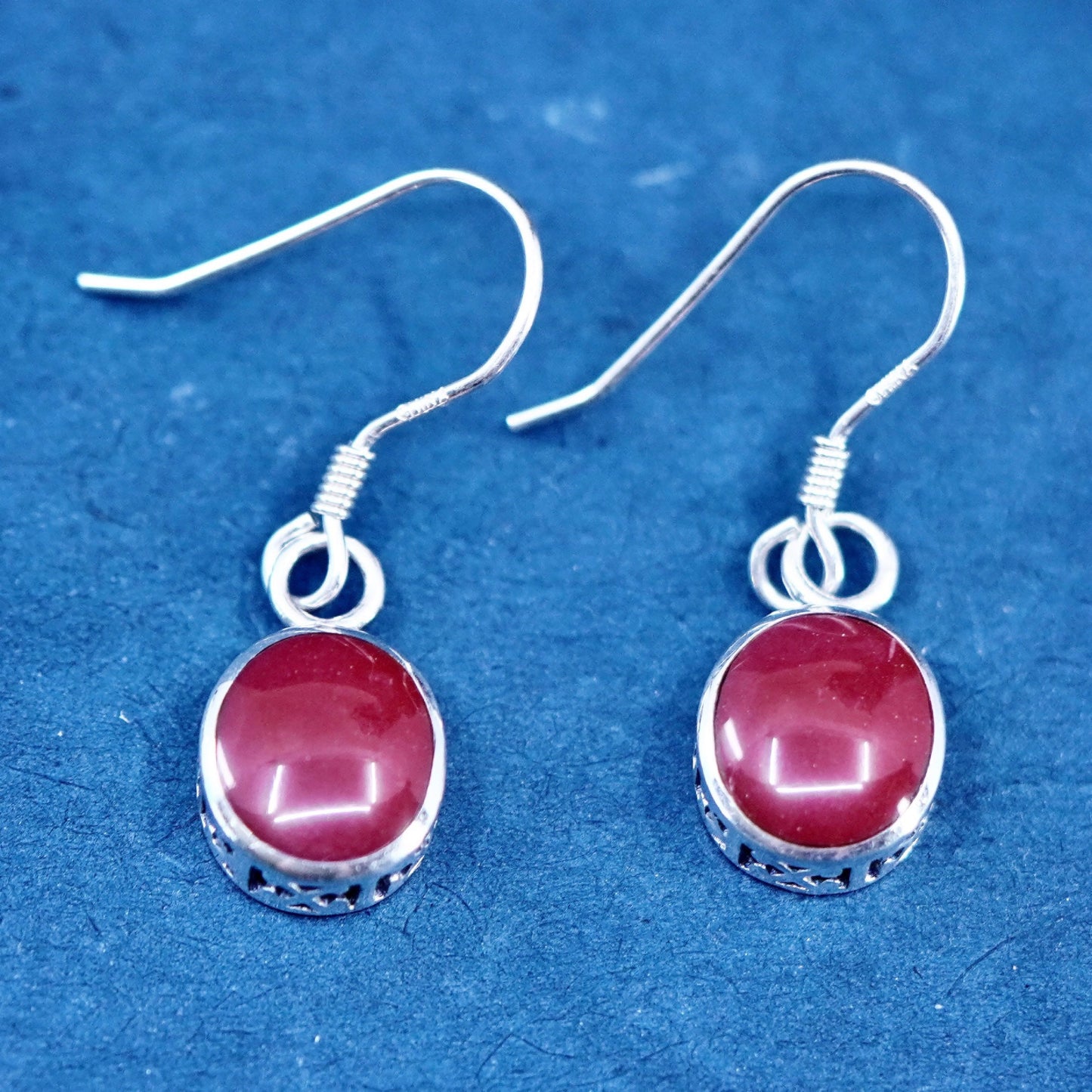 Vintage Sterling silver handmade earrings, 925 oval dangles w/ red enamel inlay