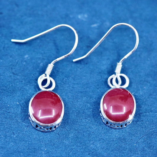 Vintage Sterling silver handmade earrings, 925 oval dangles w/ red enamel inlay