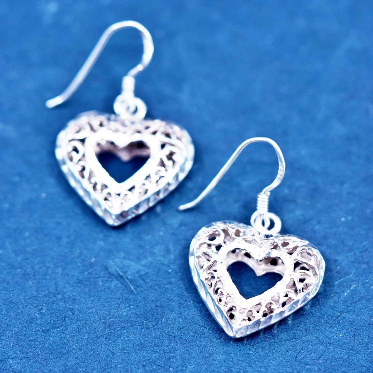 Vintage Sterling silver handmade earrings, 925 filigree heart drops