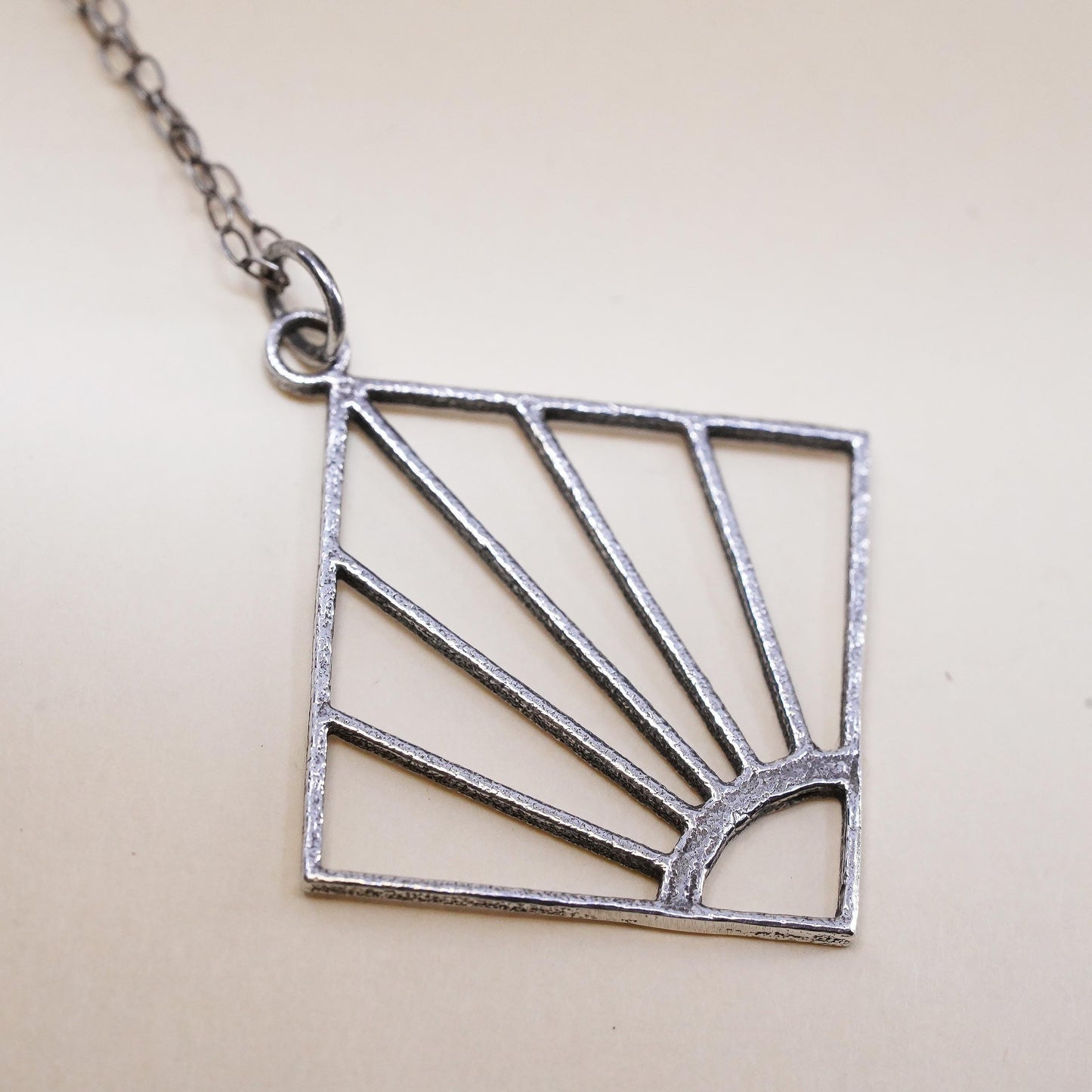 20”, Sterling Silver 925 Art Deco Fan Pendant Necklace, Openwork Sunburst