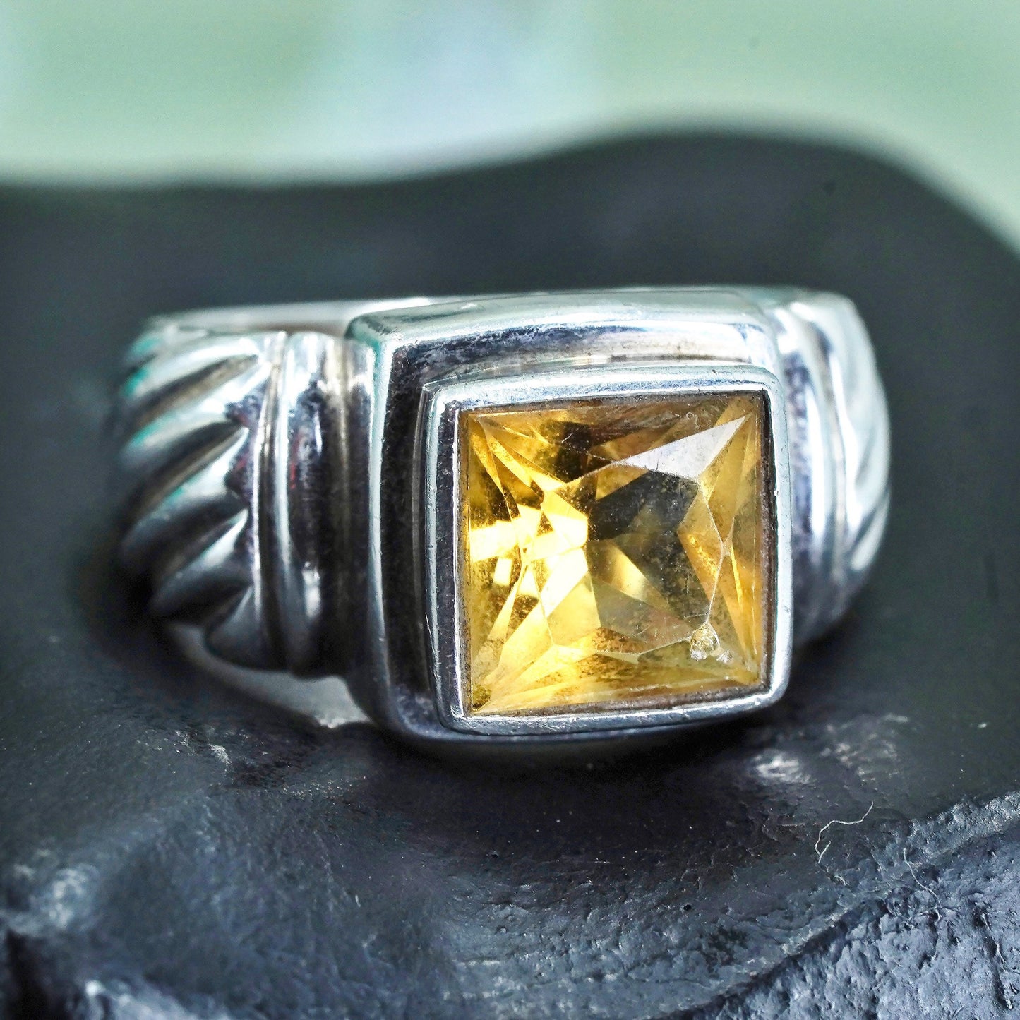 Size 6.5, vintage Sterling silver handmade ring, ribbed 925 band with citrine