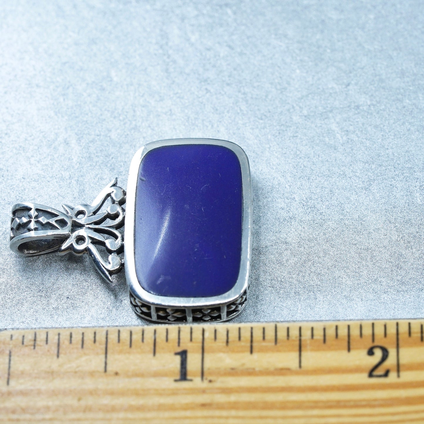 antique sterling 925 silver rectangular double sided pendant w/ turquoise inlay