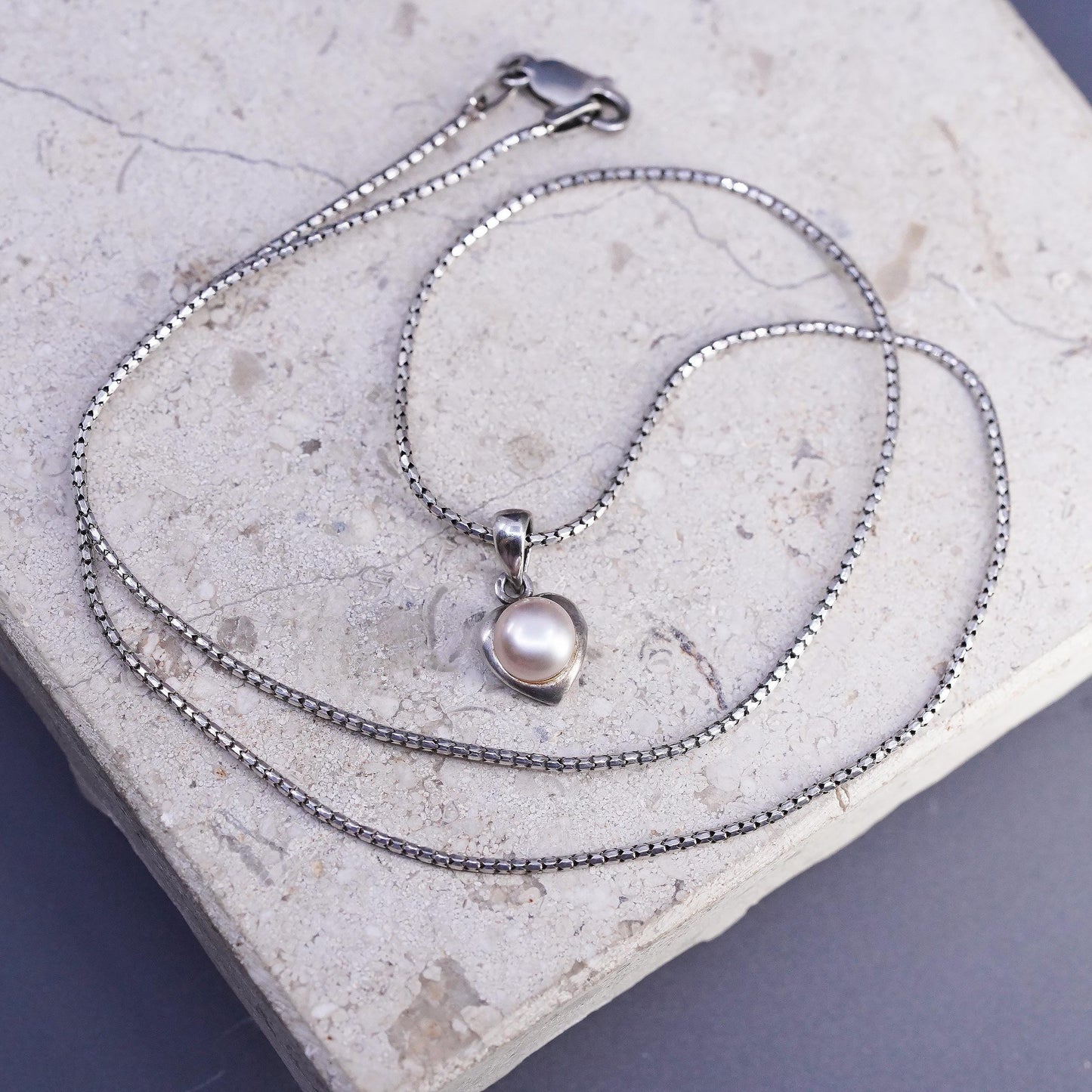 18", vintage sterling silver necklace, 925 snake chain with heart pearl pendant