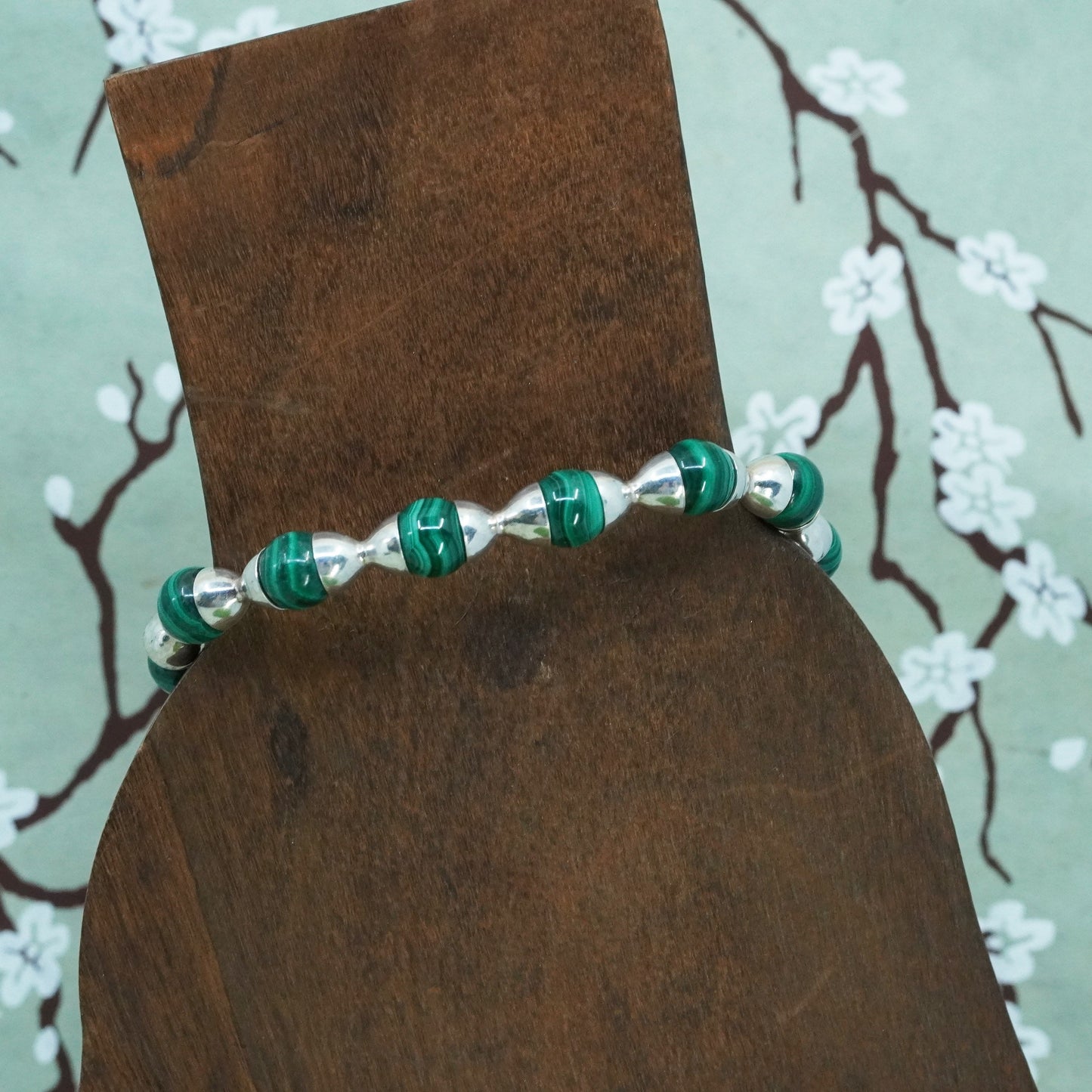 6.75”, VTG Sterling silver handmade bracelet, 925 chain with malachite beads