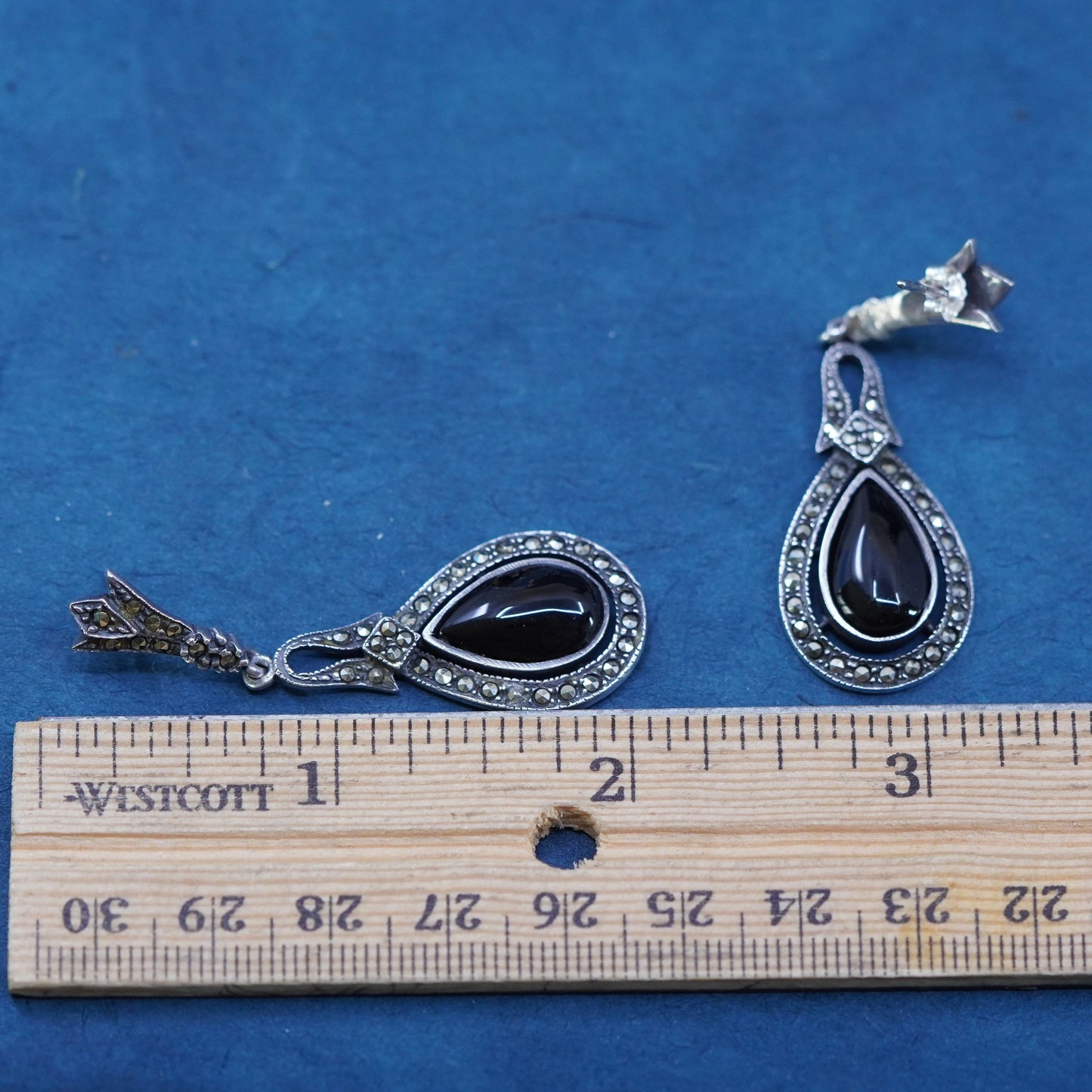 sterling 925 silver handmade teardrop earrings with obsidian and marcasite