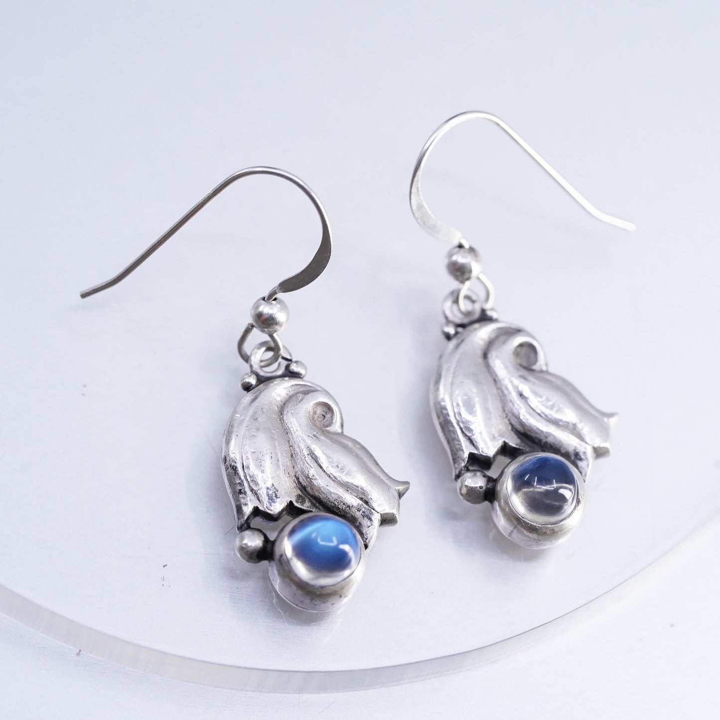 Vintage Sterling 925 silver handmade leaves earrings with moonstone