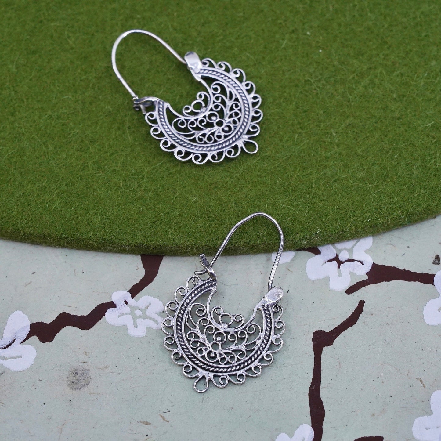 1.5”, sterling silver earrings, 925 earring huggie, filigree textured hoops