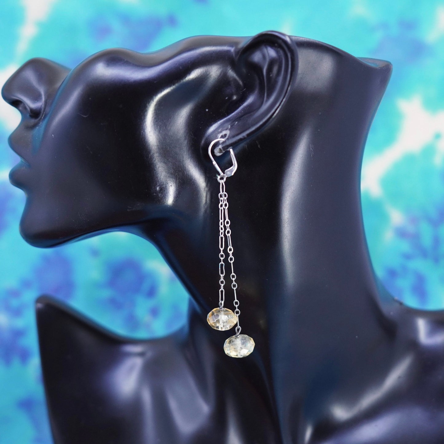 Vintage sterling silver handmade earrings, 925 chain drop with citrine nugget