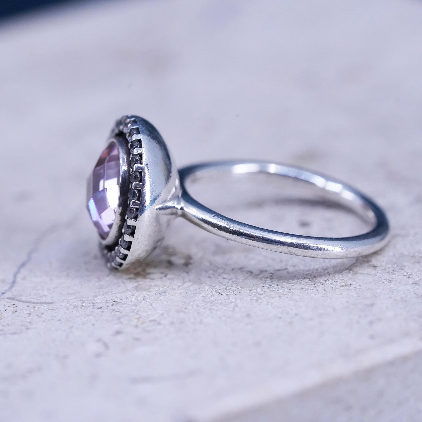 Size 6.25, vintage ALE sterling 925 silver engagement ring with rose pink cz