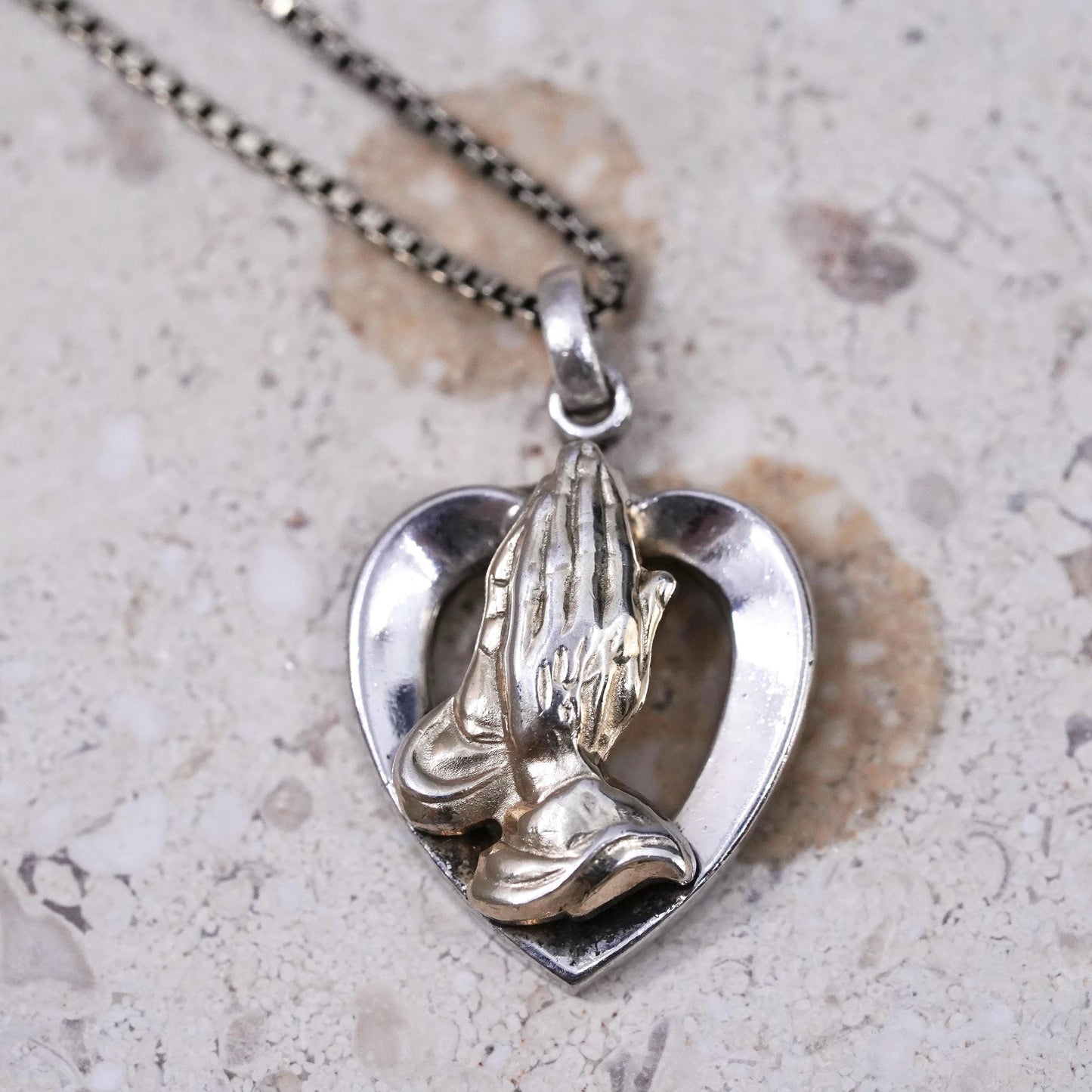 19", two tone Sterling silver necklace, 925 chain heart pendant prayer’s hands