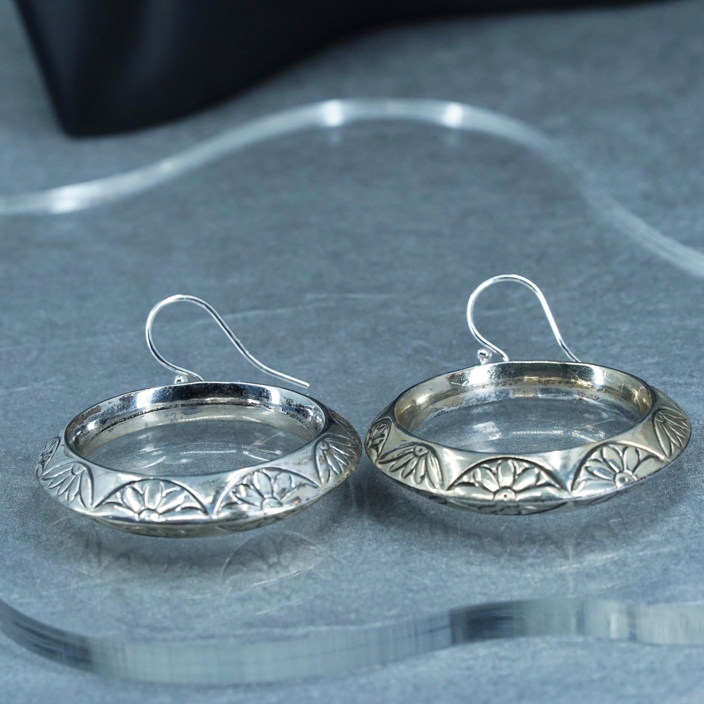 1.5”, vintage Italian Sterling silver handmade earrings, bold 925 hoops