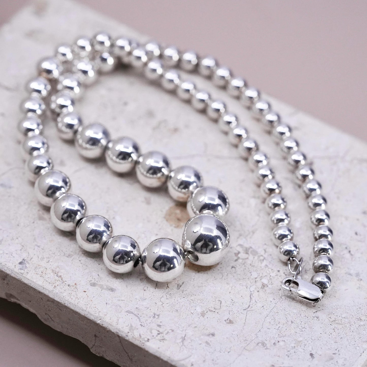 18”, vintage Sterling silver handmade necklace, 925 graduated beaded chain