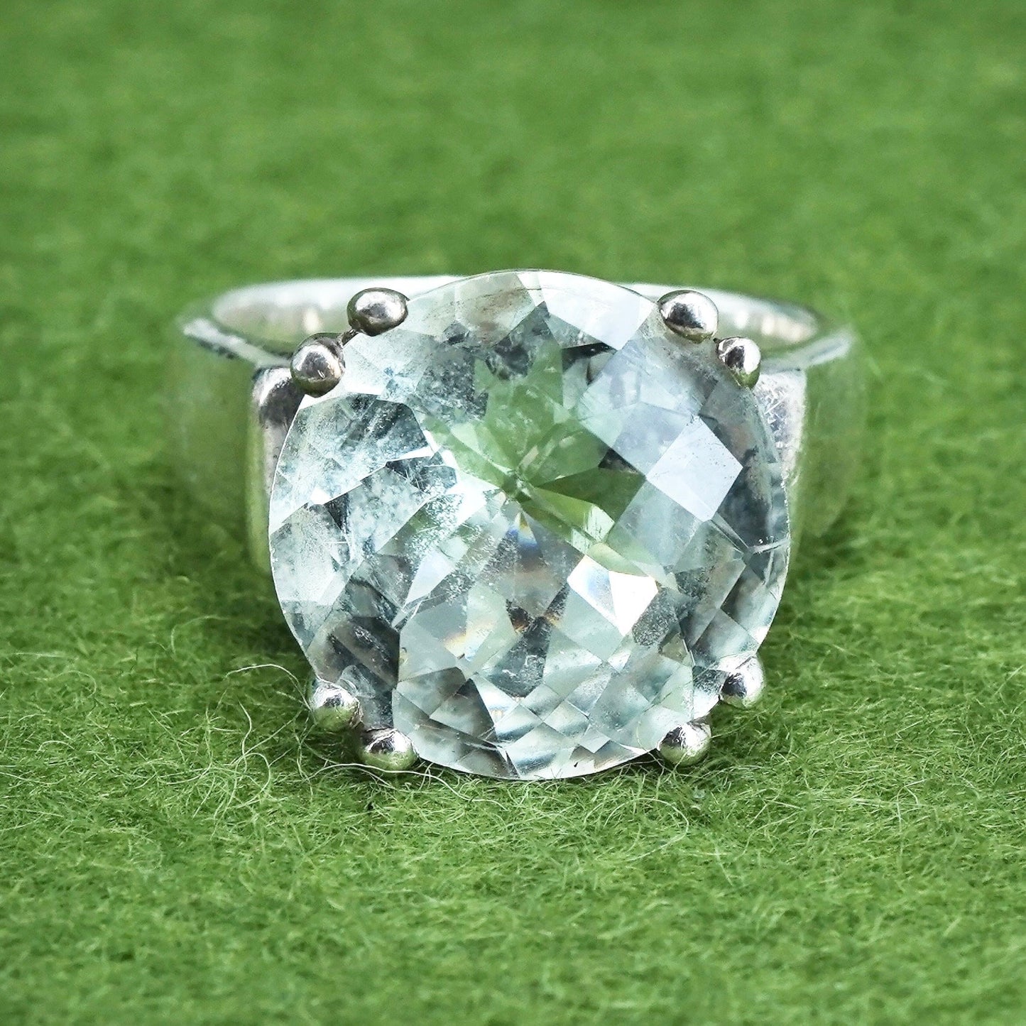 Size 7.5, vtg Sterling silver handmade ring, 925 crown band with clear crystal