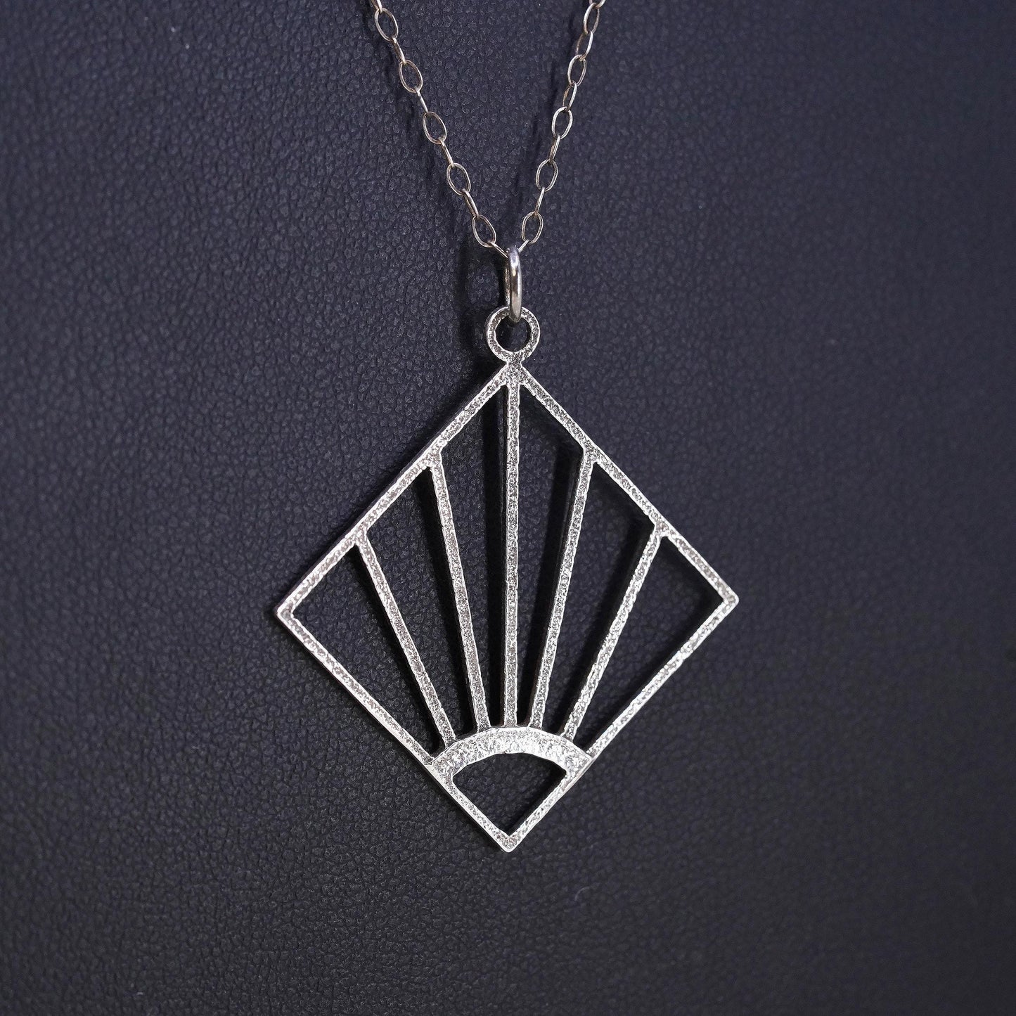 20”, Sterling Silver 925 Art Deco Fan Pendant Necklace, Openwork Sunburst