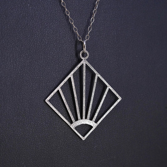 20”, Sterling Silver 925 Art Deco Fan Pendant Necklace, Openwork Sunburst