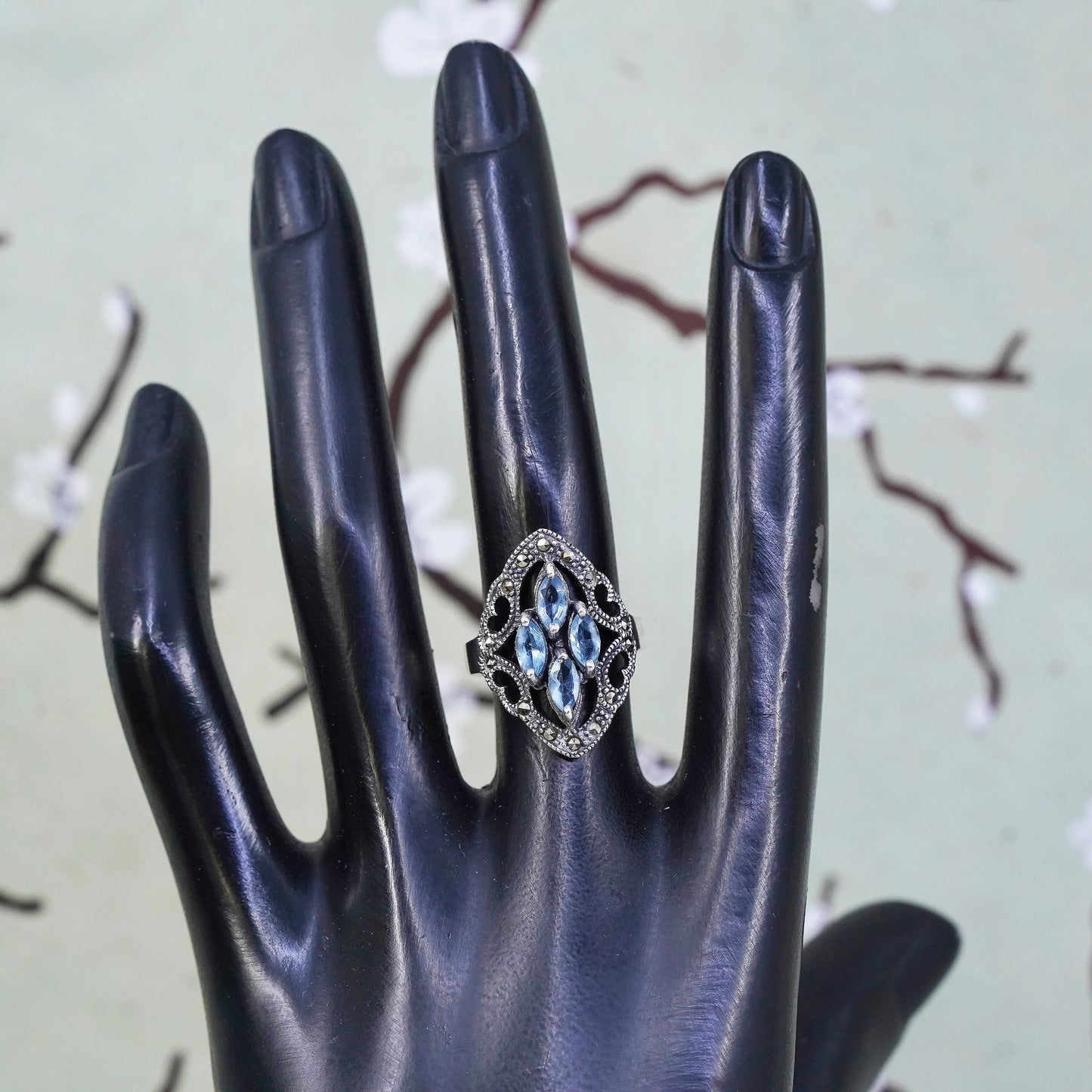 Size 6, Sterling 925 silver handmade ring with blue Crystal and marcasite