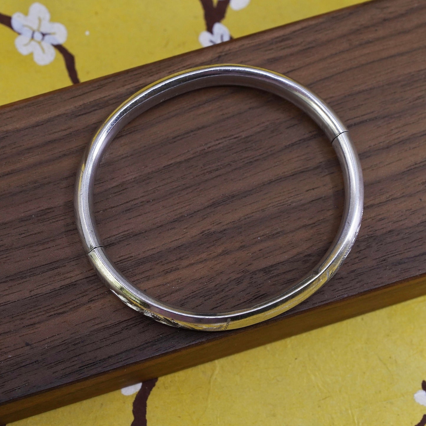 7.25", antique sterling silver handmade bracelet, textured 925 hinged bangle