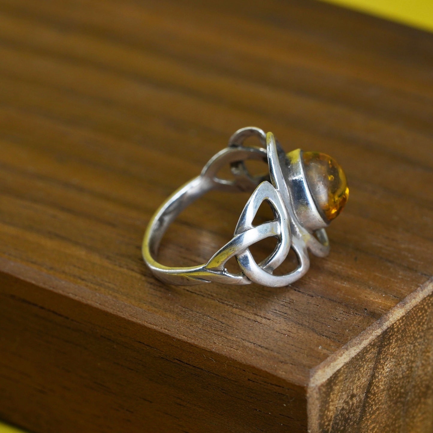 Size 6.25, Sterling 925 silver handmade Irish Celtic knot ring with round amber