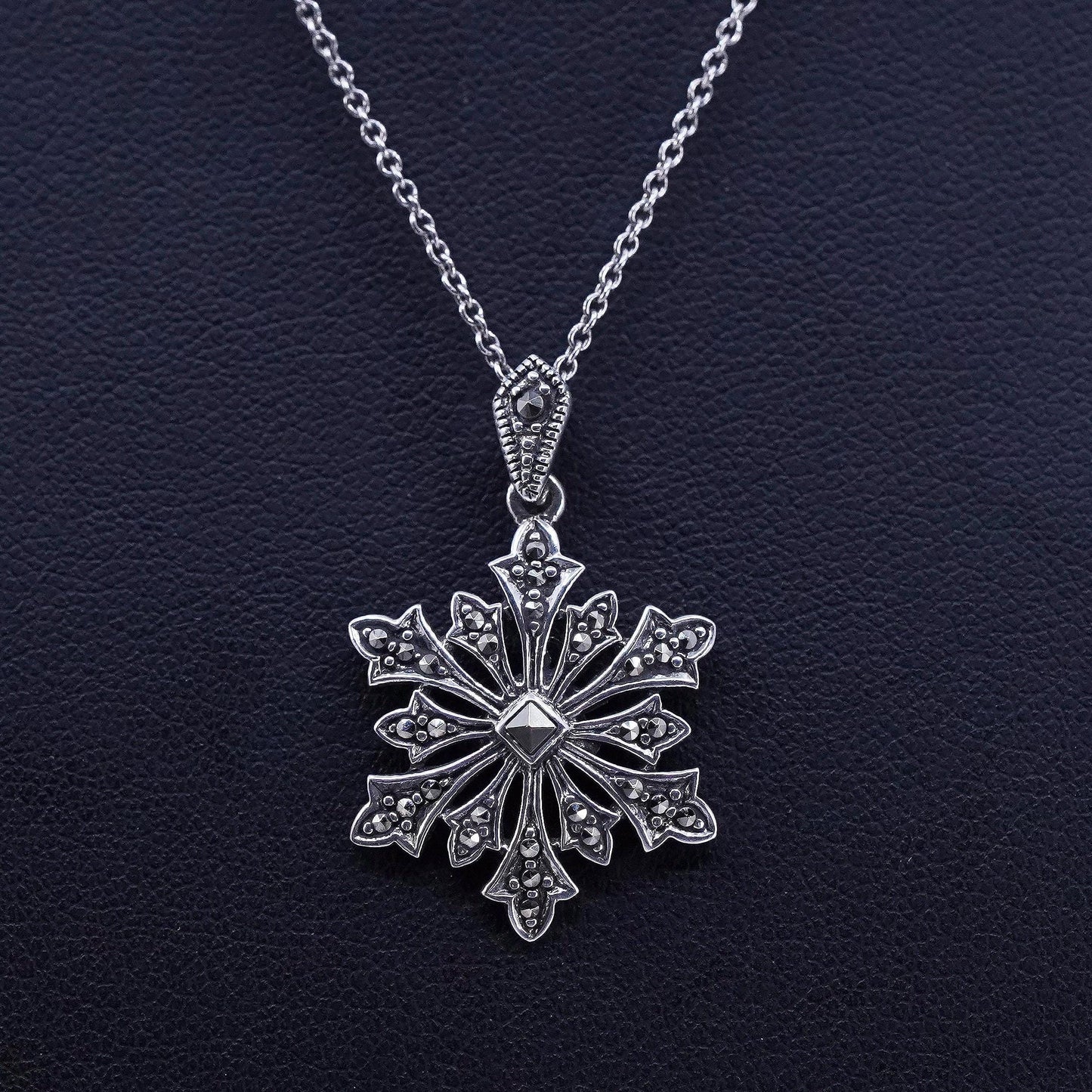 16”, Sterling 925 silver circle chain necklace with snowflake marcasite pendant