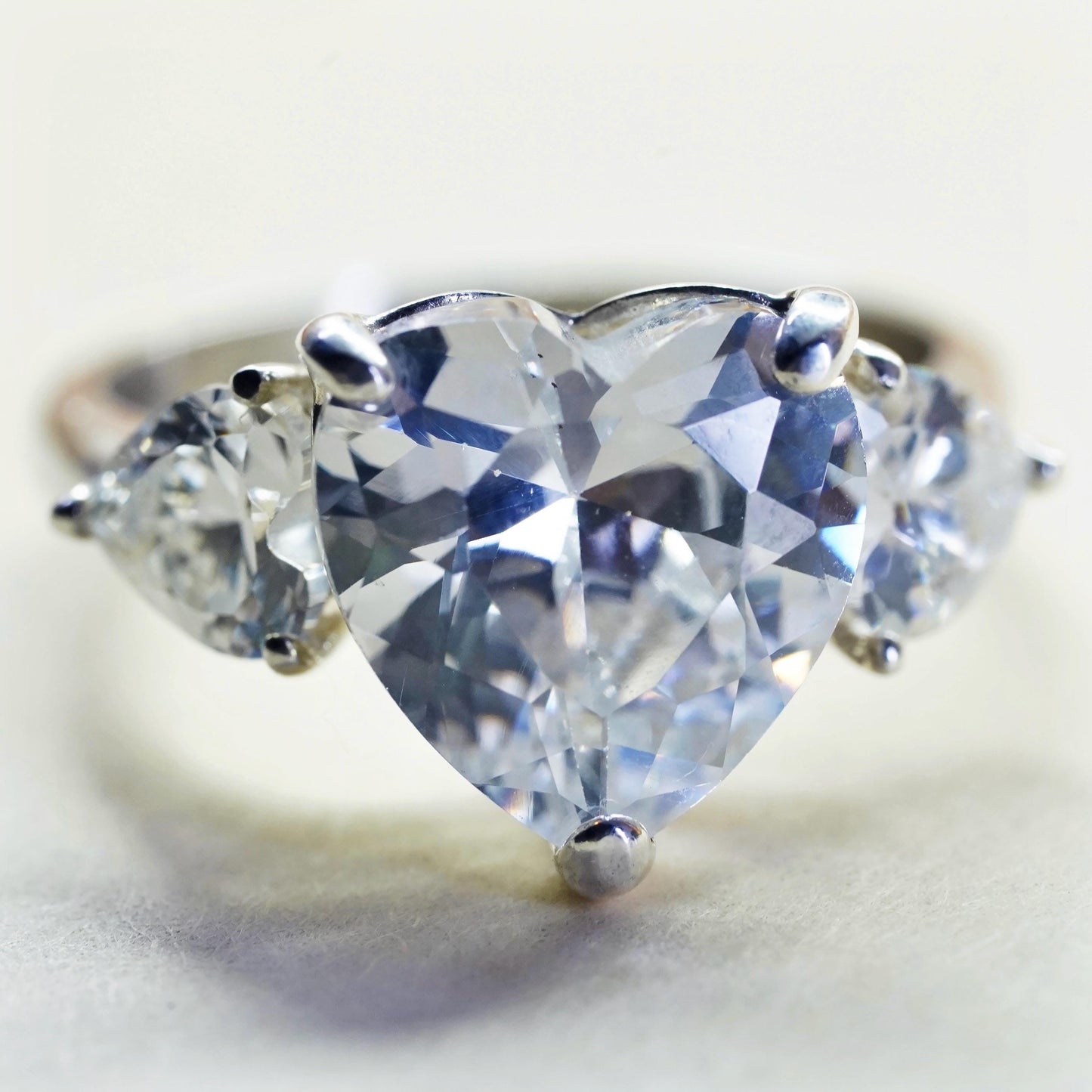 Size 5, Vintage sterling silver handmade ring, engagement ring with heart cz
