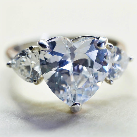 Size 5, Vintage sterling silver handmade ring, engagement ring with heart cz