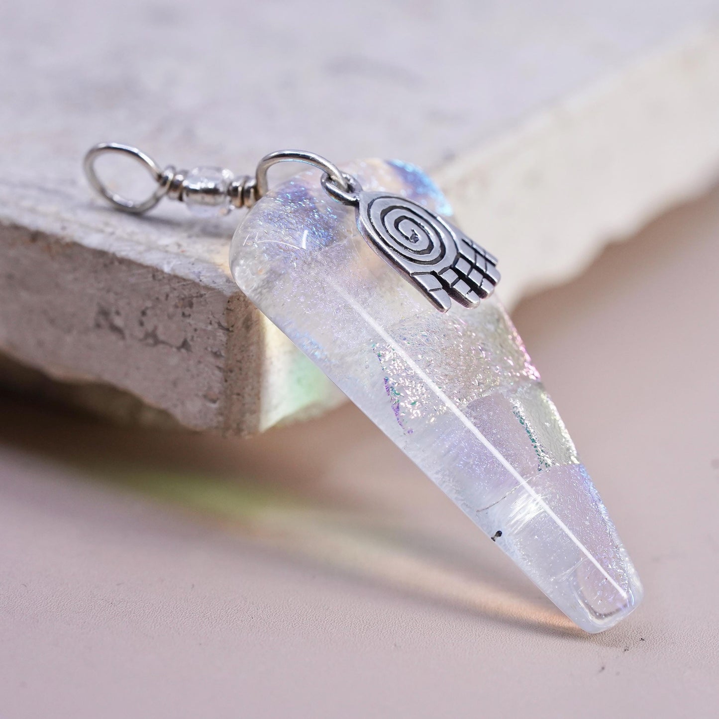 VTG sterling silver Pendant, 925 healing hand charm triangular artisan glass