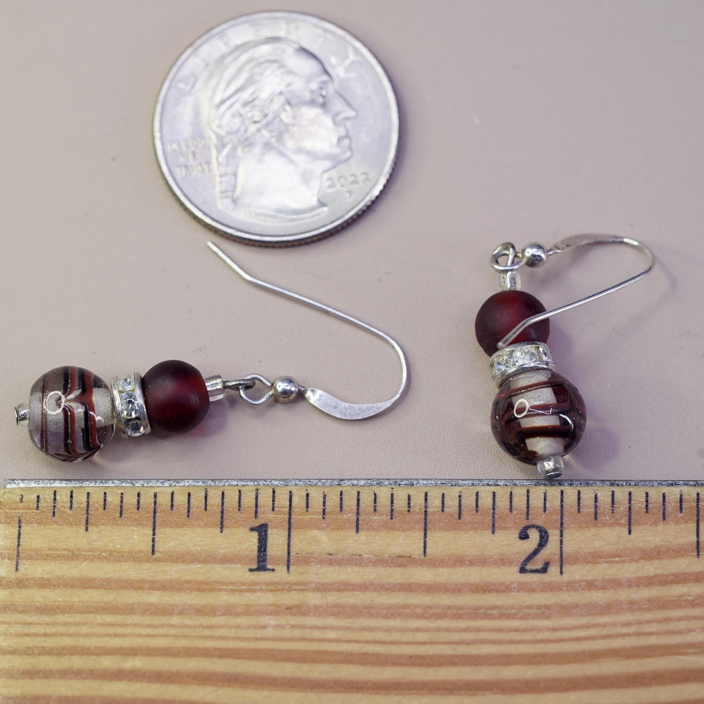 Vintage sterling silver handmade earrings, 925 hooks with red glass bead