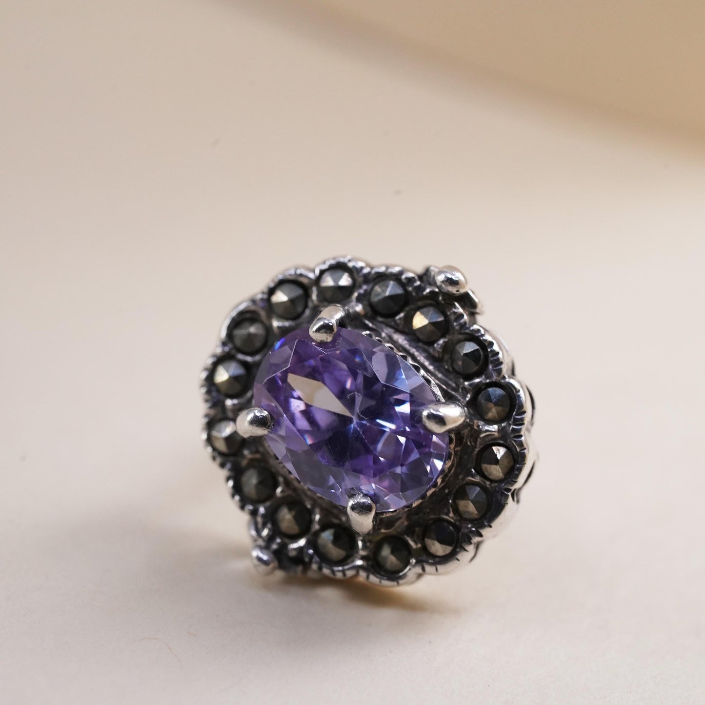 VTG Sterling 925 silver handmade stud with amethyst marcasites, single earring