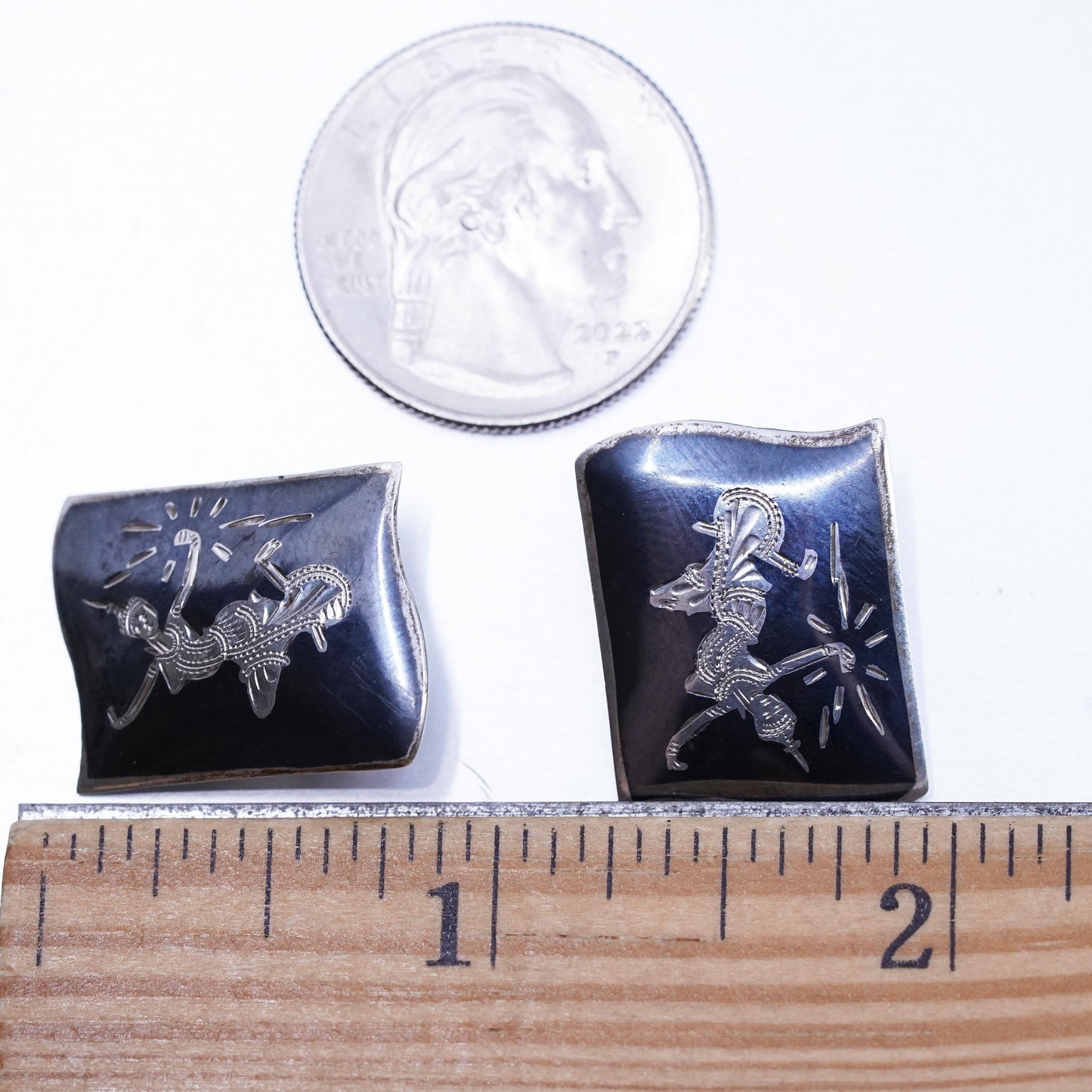 Vintage Siam sterling silver clip on earrings, 925 rectangular earrings, niello