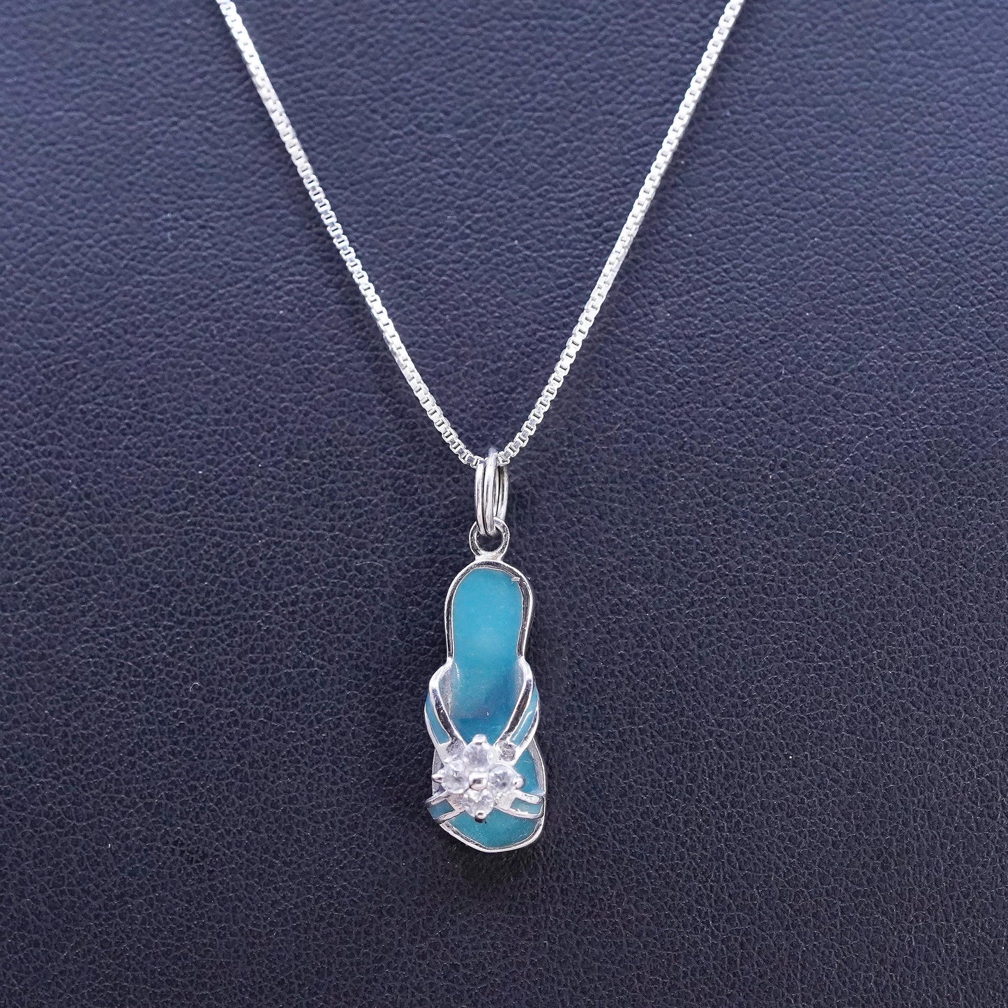 18", vintage Sterling silver necklace, 925 box chain blue enamel sandal pendant