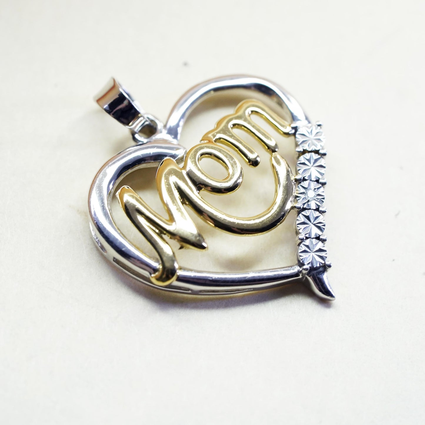 Vintage two tone Sterling 925 silver heart pendant with Mom diamond detailing